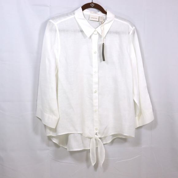 Chico's Tops - Chico's Linen Tie-Front Shirt 3 White Womens No-Iron Button Up
